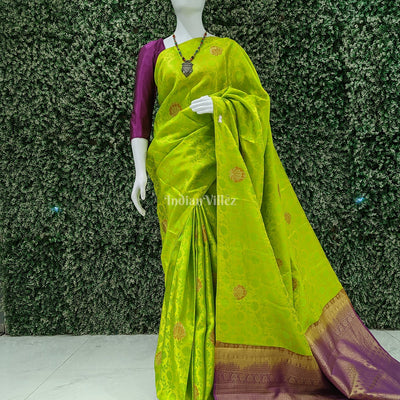 Parrot Green Flower Motif Pure Kanjivaram Silk Saree