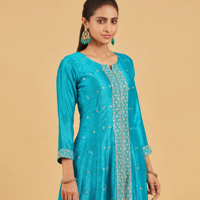 Turquoise Blue Anarkali Set With Matching Dupatta