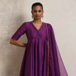trueBrowns Purple Silk Anarkali Kurta Pant Dupatta Set