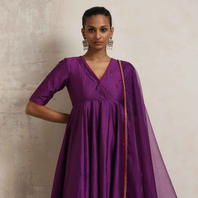 trueBrowns Purple Silk Anarkali Kurta Pant Dupatta Set