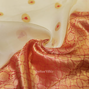 Off White Red Designer Kora Oraganza Banarasi Saree