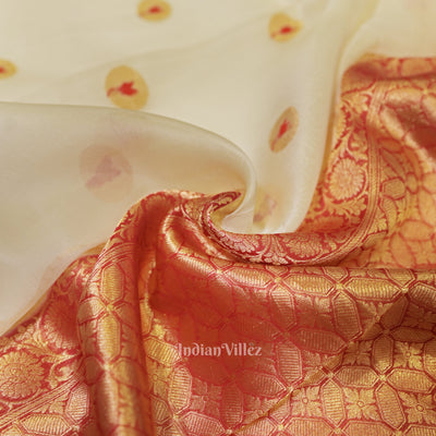 Off White Red Designer Kora Oraganza Banarasi Saree