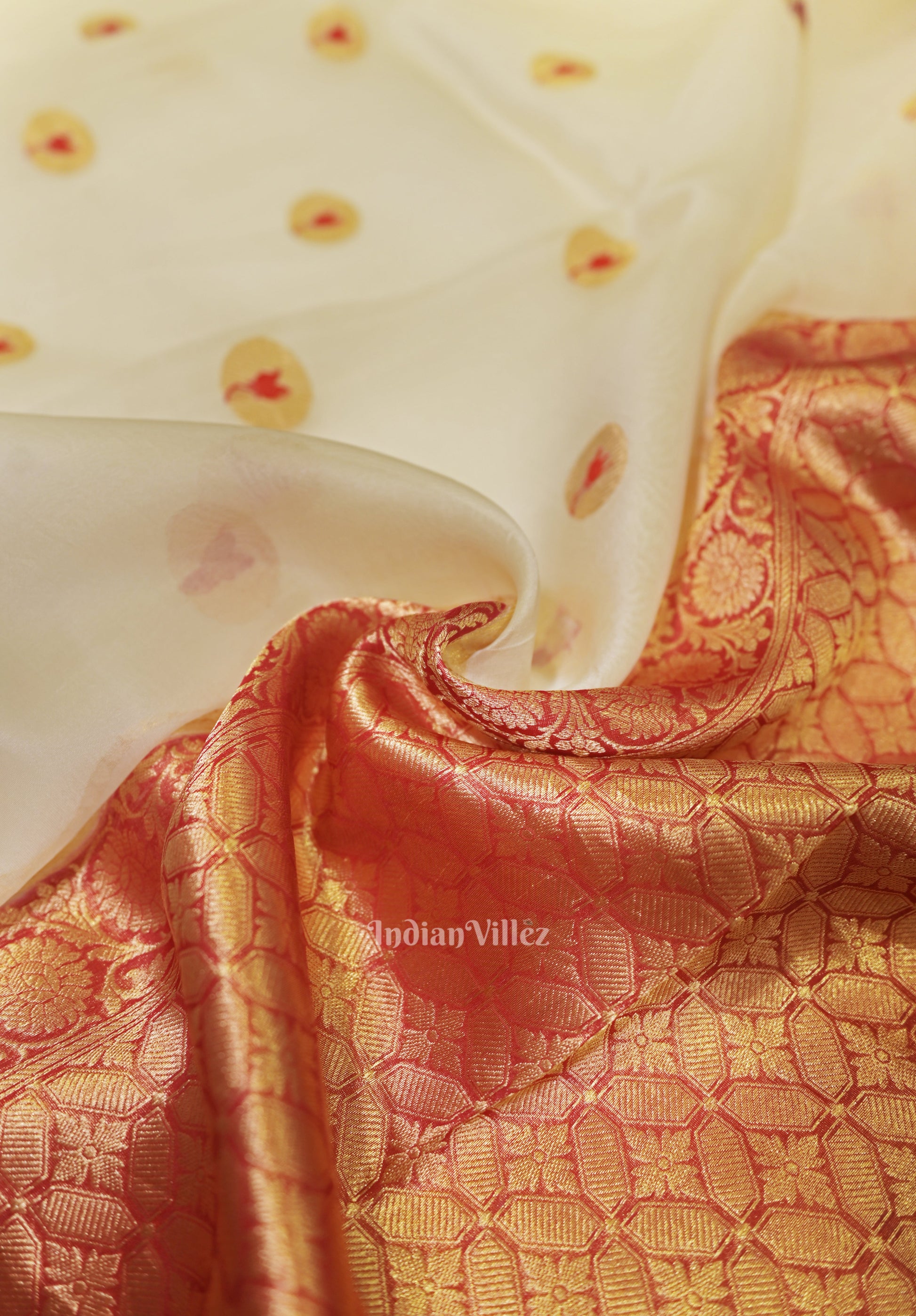 Off White Red Designer Kora Oraganza Banarasi Saree