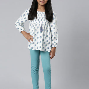 Girls Solid Dark Mint Mid Rise Rib Leggings