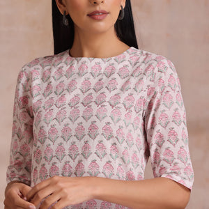 Pink Green Floral On White Block Print Cotton Slit Kurta Pant Set | Relove