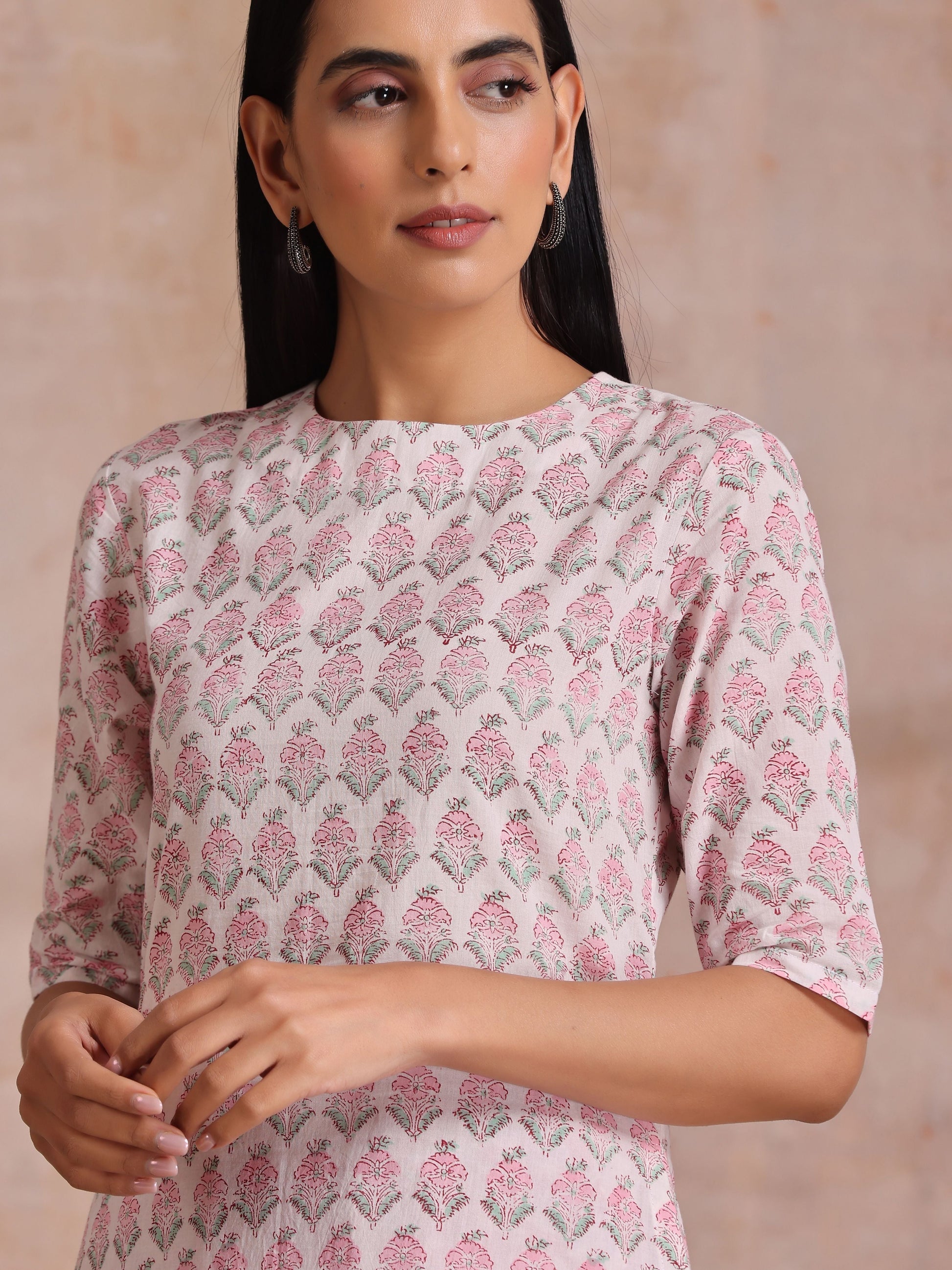 Pink Green Floral On White Block Print Cotton Slit Kurta Pant Set | Relove