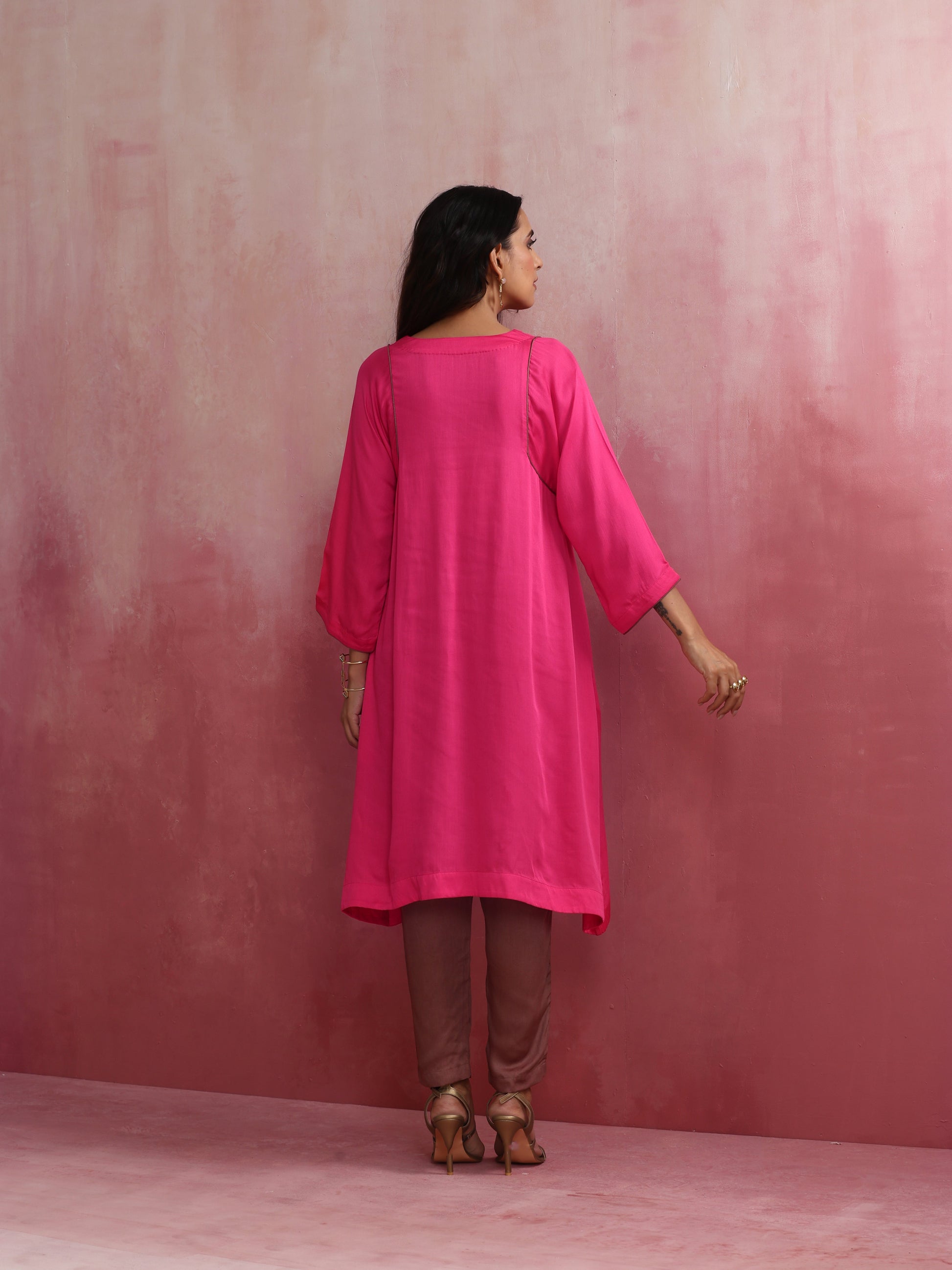 trueBrowns Pink Modal Kimono Kurta Co-ord Set
