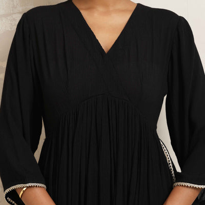 trueBrowns Black Crinkle Anarkali Flared Kurta Set