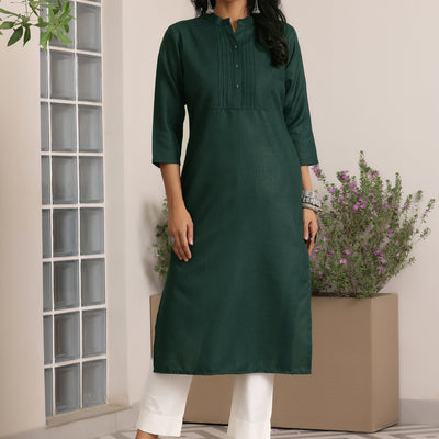 Green Solid Silk Straight Kurta