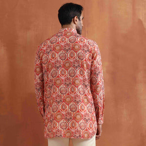 trueBrowns Men's Beige Printed Short Kurta