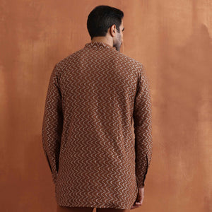 trueBrowns Men's Brown Cotton Dobby Short Kurta