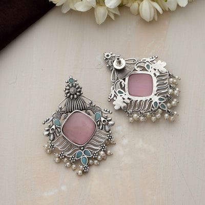 trueBrowns Silver Tone Pink Stone Pearl Drop Earrings