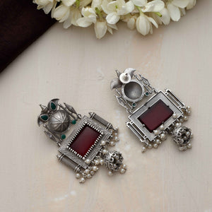 trueBrowns Silver Tone Red Stone Dangle Earrings