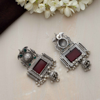 trueBrowns Silver Tone Red Stone Dangle Earrings