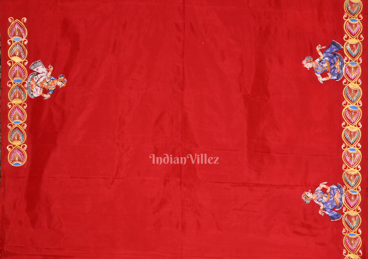 Golden  Red Boita Theme Hand-Painted Pattachitra Saree