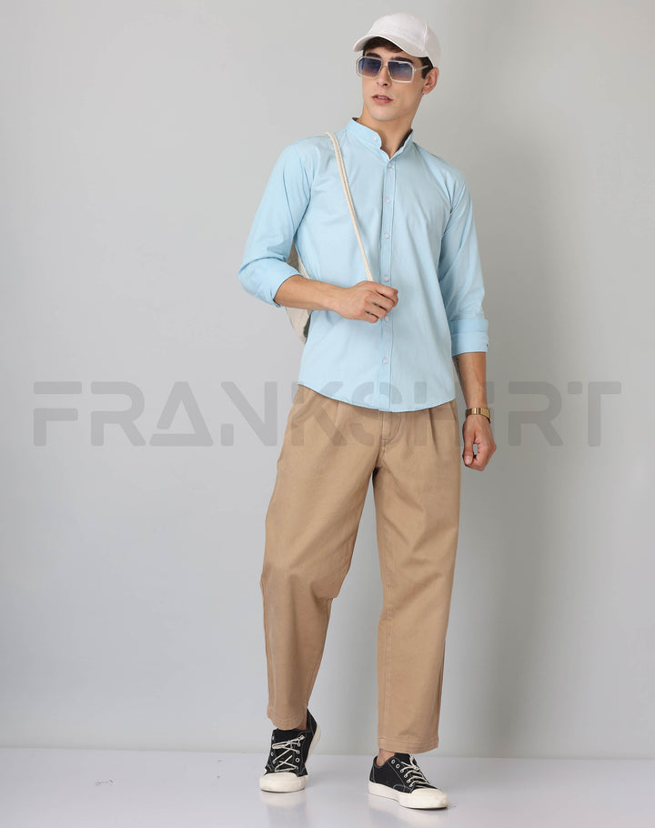 Frankshirt Chinese Collar Light Blue Tailored Fit Cotton Casual Shirt for Man