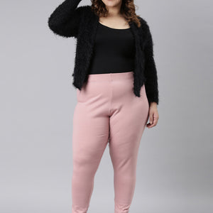 Women Solid Baby Pink Ribbed Warm Leggings