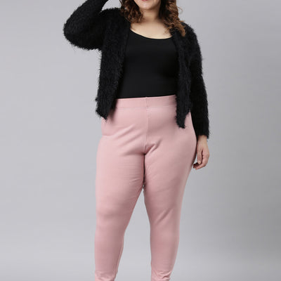 Women Solid Baby Pink Ribbed Warm Leggings
