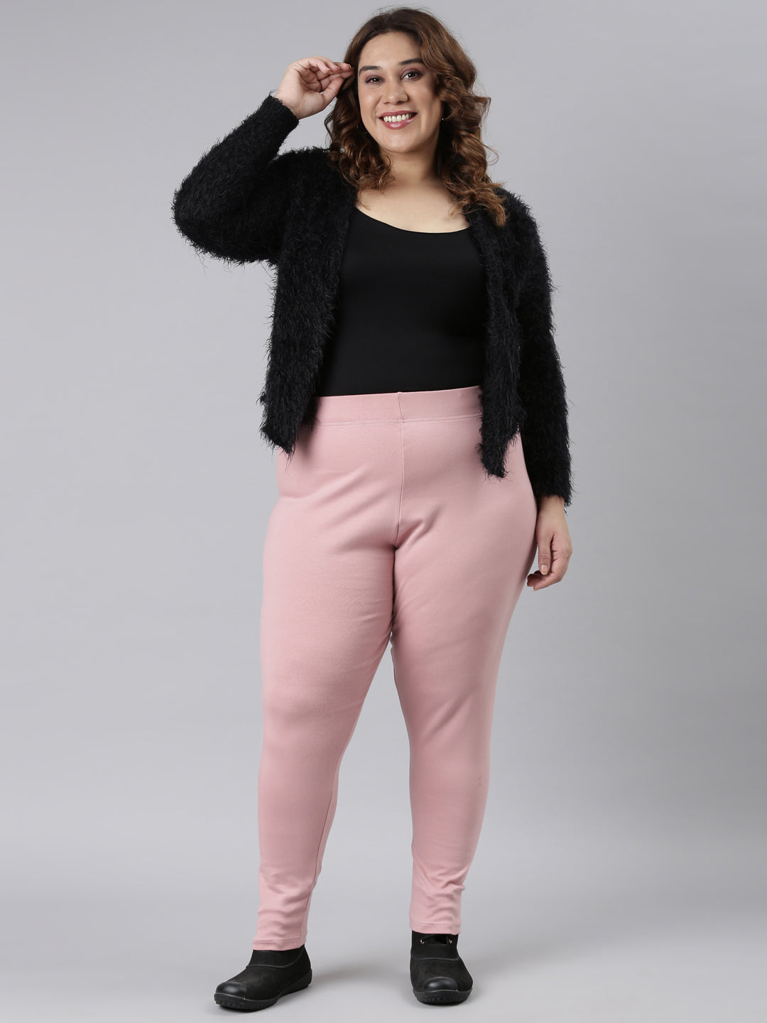 Women Solid Baby Pink Ribbed Warm Leggings