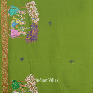 Parrot Green With Violet Raja Theme Hand-Painted Pattachitra Saree