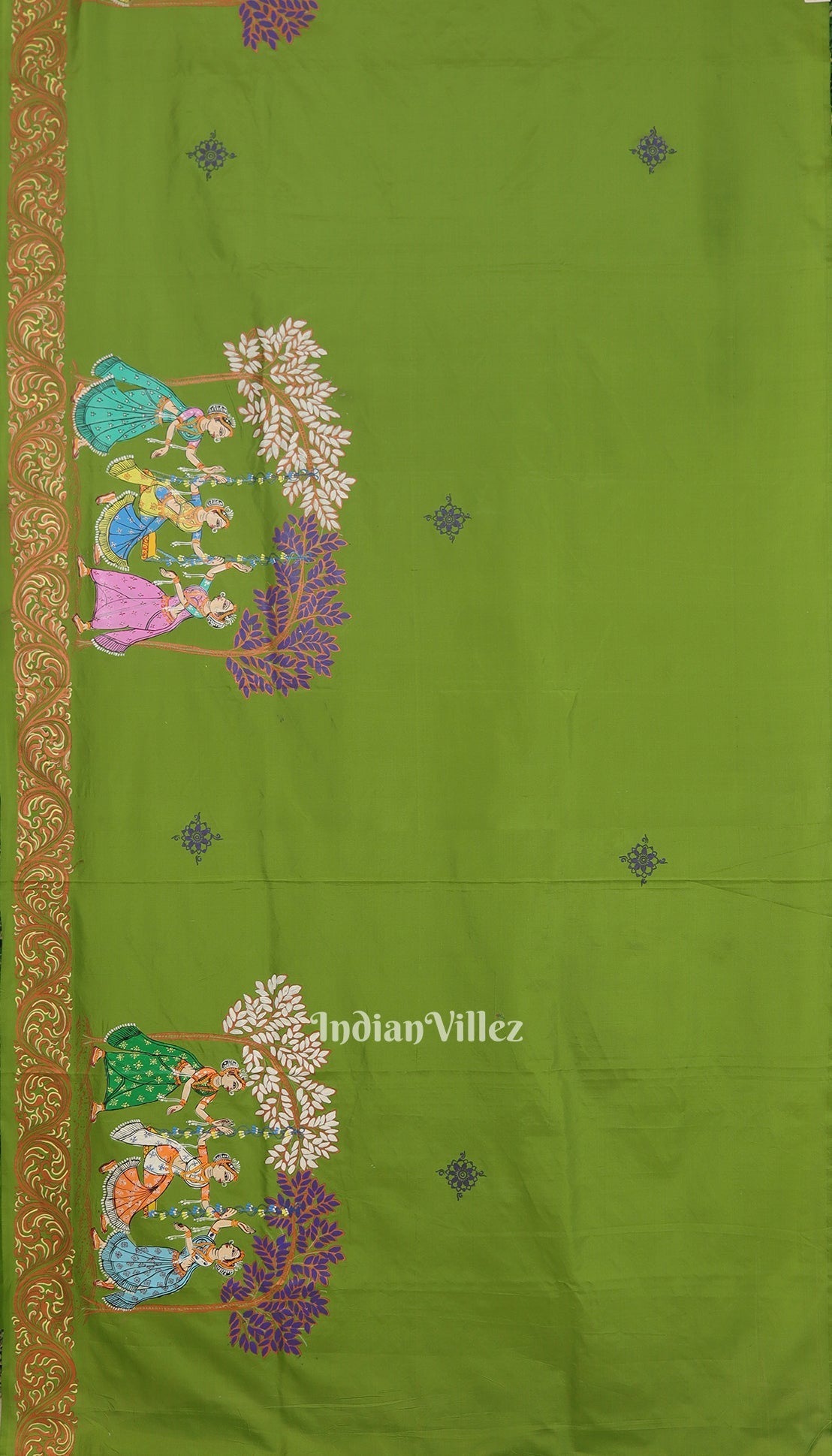 Parrot Green With Violet Raja Theme Hand-Painted Pattachitra Saree