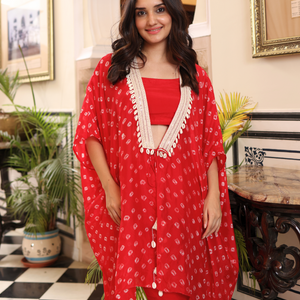 Flaming Red Bandhani Silk Coord Set