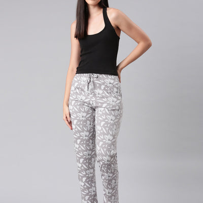 Women Printed Grey Cotton Knit Lounge Pants