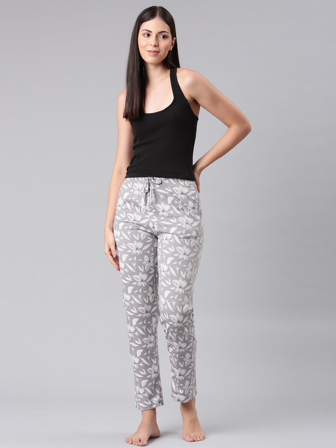 Women Printed Grey Cotton Knit Lounge Pants
