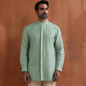 trueBrowns Men's Green Cotton Dobby Front Open Short Kurta