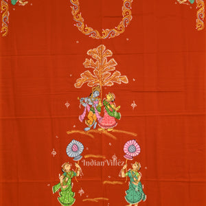 Deep Orange Radha Krishna Rasa Theme Pattachitra Kurti Dress Material