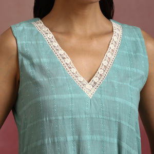 trueBrowns Aqua Blue Cotton Dobby High low Kurta Set