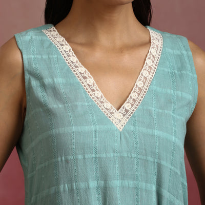 trueBrowns Aqua Blue Cotton Dobby High low Kurta Set