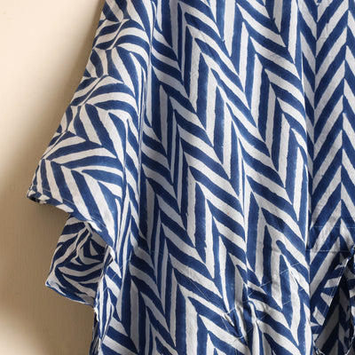 Blue - Hand Block Printed Cotton Kaftan & Pyjama Night Suit Set