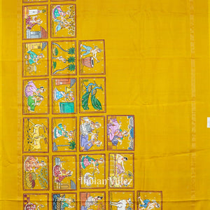 Golden Yellow Radha Krishna Village Theme Pattachitra Saree