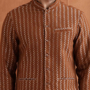 trueBrowns Men's Brown Cotton Dobby Long Jacket