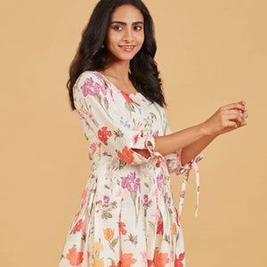 White Multicolour printed floral A-line Dress