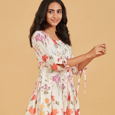 White Multicolour printed floral A-line Dress