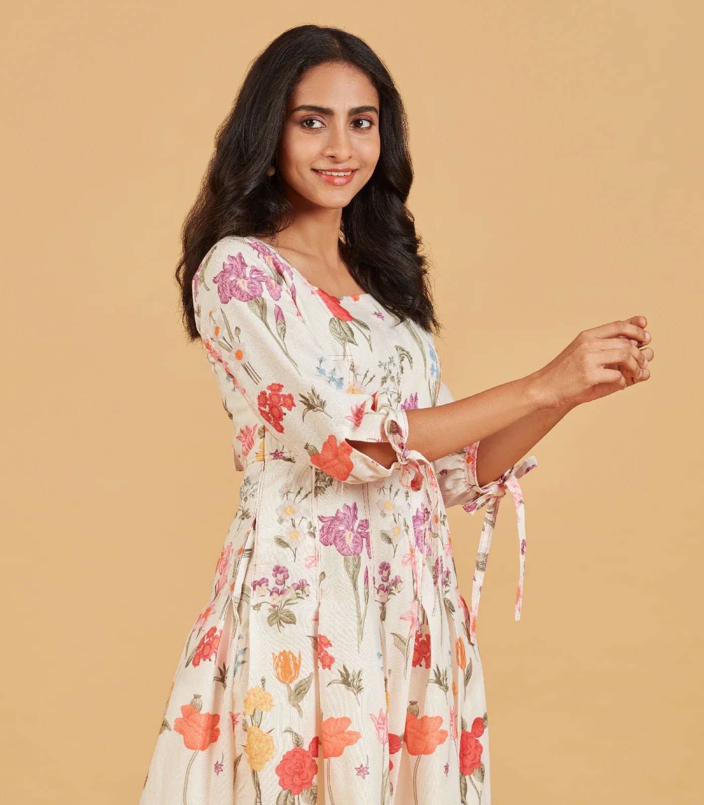 White Multicolour printed floral A-line Dress
