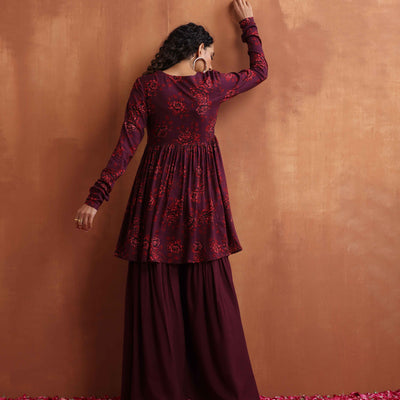 trueBrowns Purple Floral Print Sharara Set