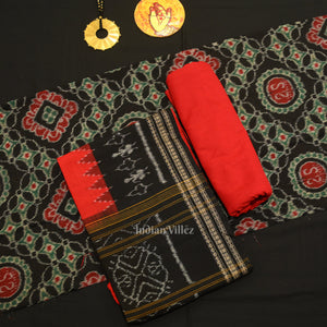 Black Red Jhoti Theme Odisha Ikat Sambalpuri Dress Set & Dupatta