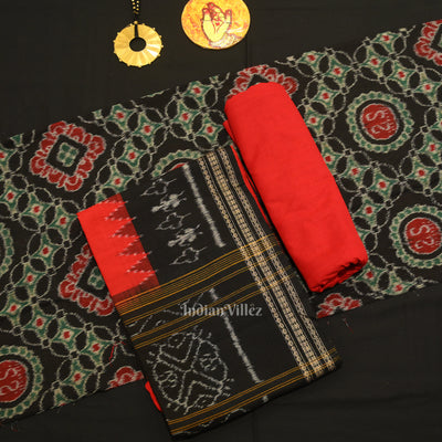 Black Red Jhoti Theme Odisha Ikat Sambalpuri Dress Set & Dupatta