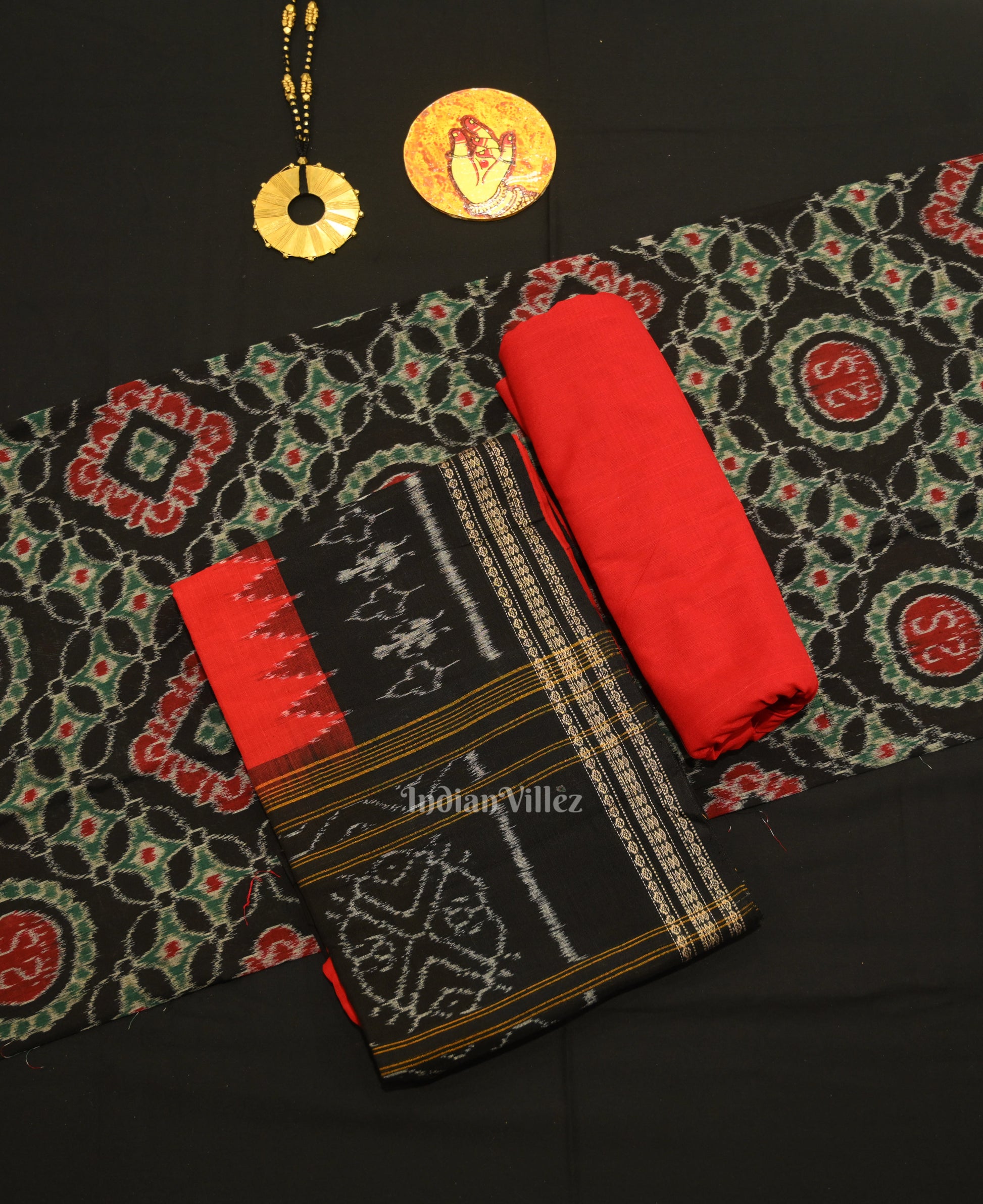 Black Red Jhoti Theme Odisha Ikat Sambalpuri Dress Set & Dupatta