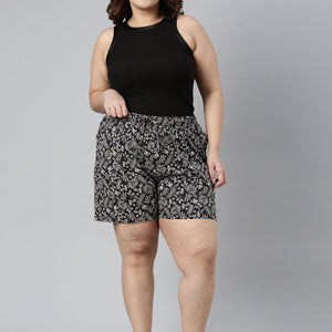 Women Printed Black Mid Rise Woven Viscose Lounge Short