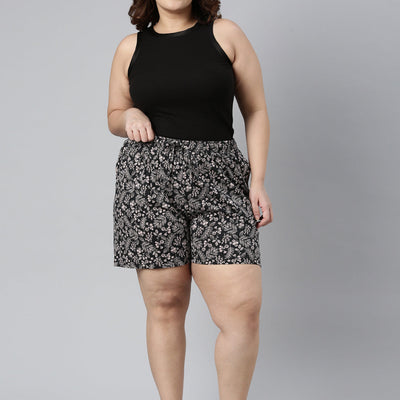 Women Printed Black Mid Rise Woven Viscose Lounge Short