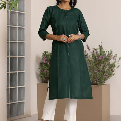 Green Solid Silk Straight Kurta