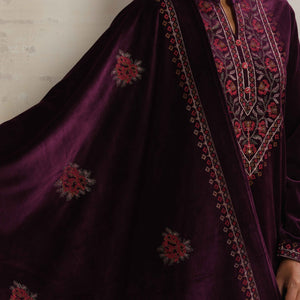 trueBrowns Purple Velvet Floral Embroidered Kurta Pant Dupatta Set