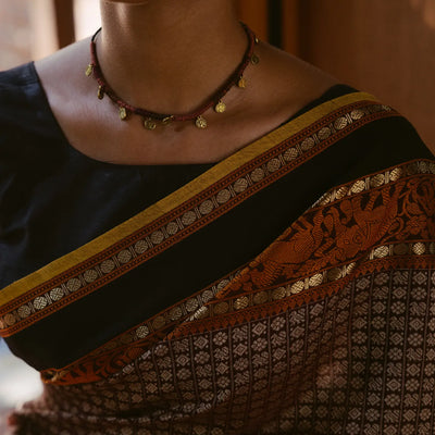 Brown Handloom Silk Cotton Saree With Annam Chakaram Motifs