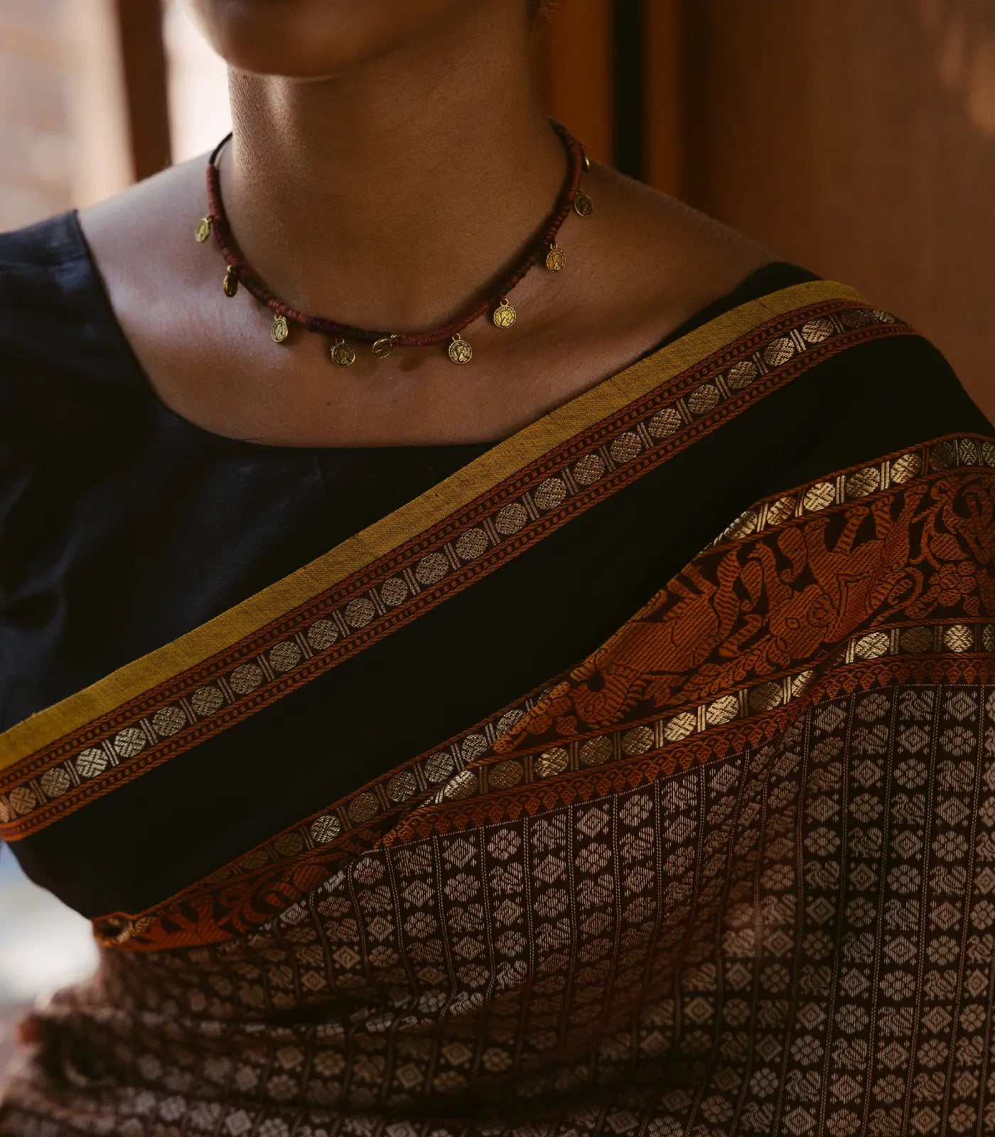 Brown Handloom Silk Cotton Saree With Annam Chakaram Motifs