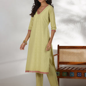 Green Embroidered Cotton Straight Suit With Dupatta
