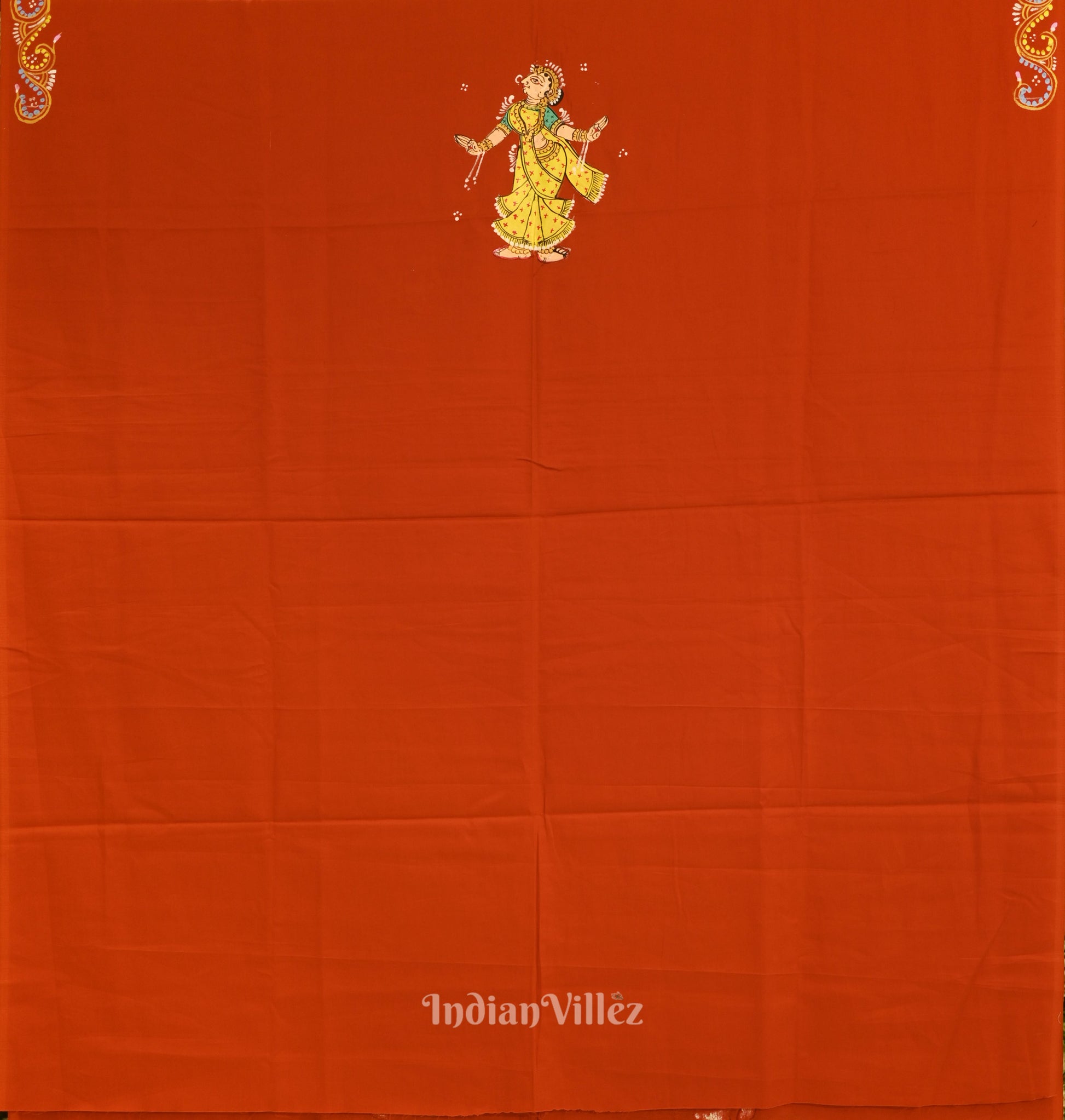 Deep Orange Radha Krishna Rasa Theme Pattachitra Kurti Dress Material